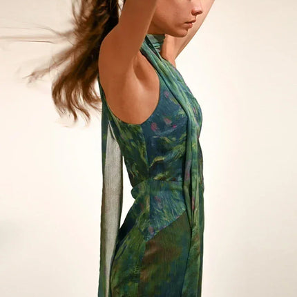 Sexy See Through Deep V Neck Maxi Dress Backless Sleeveless Lace Up Halter Robes Printed Party Vestidos 2025 New Lady Dresses
