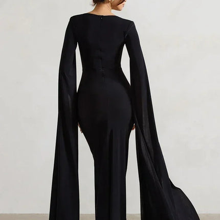 Mozision Long Cape Sleeve Split Maxi Dress For Women Gown Fashion Solid Square Collar Evening Sexy Long Dress Elegant New