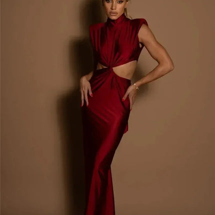 Mozision Hollow Out Turtleneck Sexy Maxi Dress For Women Fashion Solid Sleeveless Bodycon Tank Dresses Femme Club Party Dress