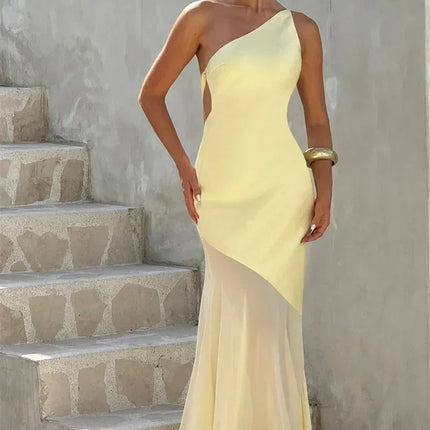 Mozision One Shoulder Backless Sexy Maxi Dress Women Gown Fashion Patchwork Sleeveless Bodycon Club Party Long Dress Elegant
