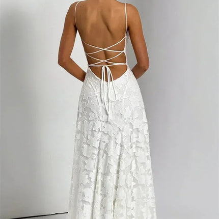 Mozision Spaghetti Strap Backless Sexy Maxi Dress Women Gown Fashion Off-shoulder Sleeveless Lace-up Evening Club Party Dress