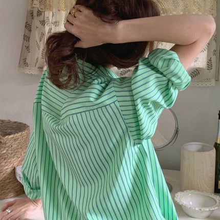 Spring Autumn Striped Blouses Long Sleeve Single-breasted Pocket Women Shirts Tops