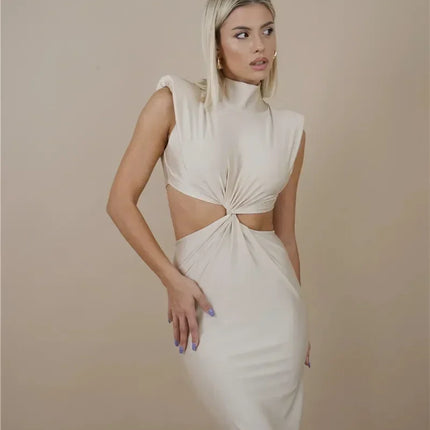 Mozision Hollow Out Turtleneck Sexy Maxi Dress For Women Fashion Solid Sleeveless Bodycon Tank Dresses Femme Club Party Dress