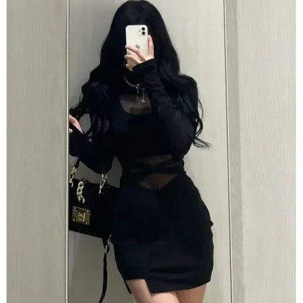 Pile Up Sleeves New Sexy Black Fishbone Dress Personalized Slim Women Dress Thin Gauze Perspective Wrap Around Buttocks  F8Q3