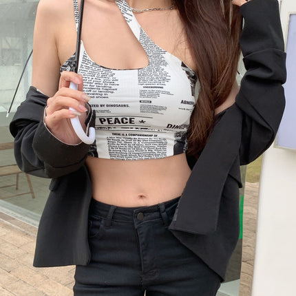 Newspaper Print Camisole Women Slanted Shoulder Hollow Sleeveless Tops Beautiful Back Woman