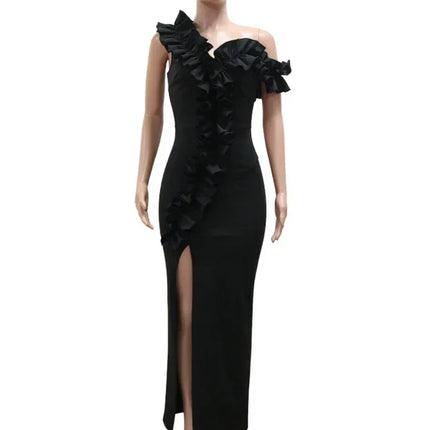 Sexy Night Sleeveless Off Shoulder Wooden Ear Edge Ruffles Bodycon Split Red Midi Dress Women Evening Birthday Party Vestidos
