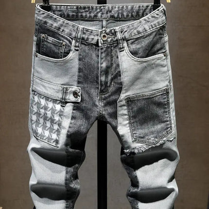 Streetwear 90s Slim Cowboy Grey Stretch Work Wear Splice Long Pants Man