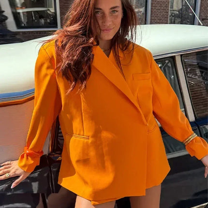 Women's V-Neck Side-Buttoned Suit Jacket Long Sleeve Solid Color Coats Pocket Cuffs Oversize Tops High Street Female Clothes