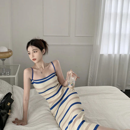 Sleeveless Slim fit Knitted Striped Mid Length Dresses