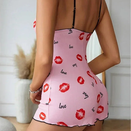 Women's Pajamas One Piece Pajamas Red Lip Printed Sleeveless Pijama Short Onesie Adults V-Neck Suspenders Funny Pajamas Bodysuit