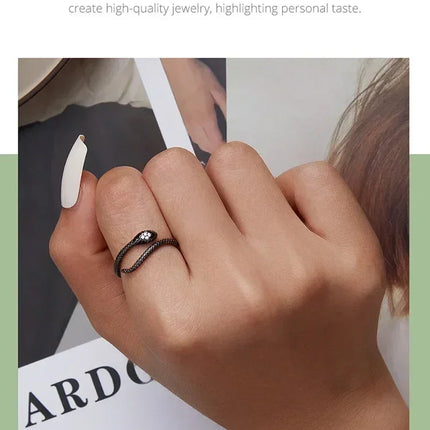 BAMOER 925 Sterling Silver Platinum Plated Adjustable Ring, Green Zircon Retro Textures Snake Ring Fashion Jewelry 4 Colors