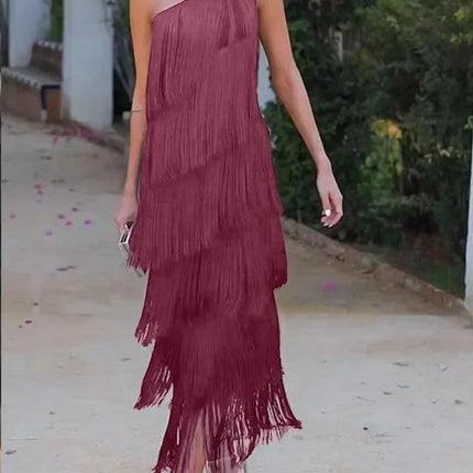 Spring and Summer New Fashion Fringed Slanted Shoulder Asymmetrical Dress for Women
