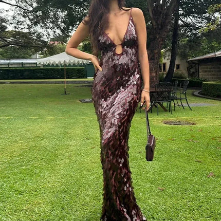 Sexy Women Maxi Dresses Elegant Sequins Sleeveless Female Long Dress Fashion  Solid Deep V Neck Ladies Party Robe Dress