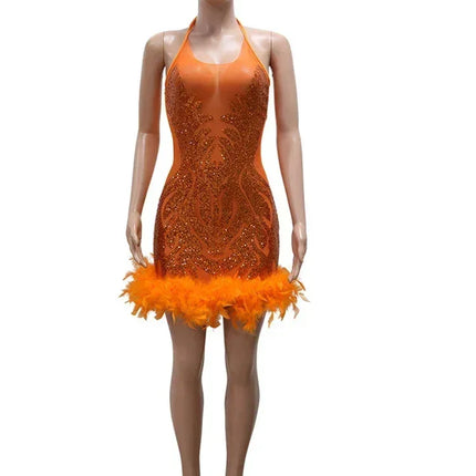 Beyprern Beautiful Mesh Sequin Feather Glam Dress Luxury Woman Party Dress Glitter Sleeveless Night Out Dresses Birthday Outfits