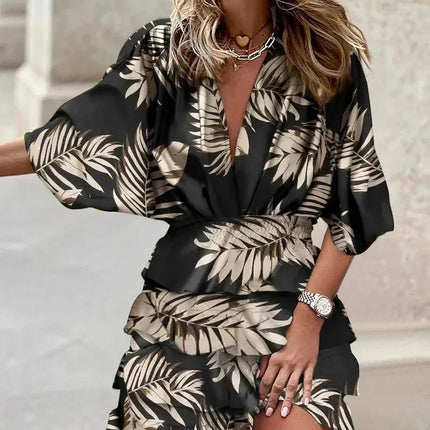 Women Fall V-Neck Loose Batwing Hafl Sleeve Print Dress Fashion Elegant Lace-up Ruffle Beach Mini Dresses Casual Streetwear 2024