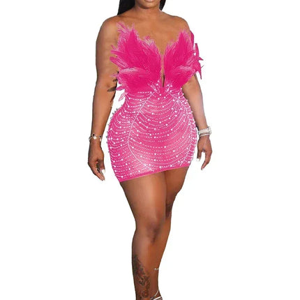Znaiml Sexy Feathers Rhinestones Backless Diamond Sheer Mesh Bodycon Dresses for Woman Rave Club Birthday Party Night Vestidos