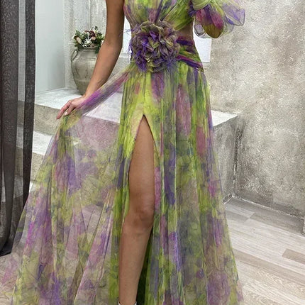 Elegant Oblique Shoulder Single-sleeve  Zipper High Slit Mesh Long Dress For Women Fashion Flower Decoration Party Dress Female