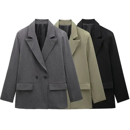 Willshela Women Fashion With Pockets Solid Double Breasted Blazer Vintage Long Sleeves Notched Neck Female Office Lady Outfits