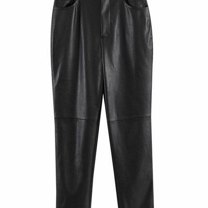 Loose Pockets Women PU Leather Trousers High Waist Single Button Ladies Straight Pants