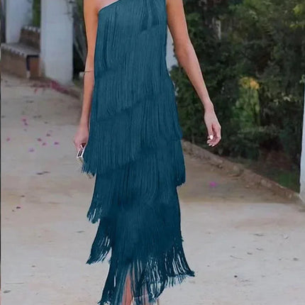Spring and Summer New Fashion Fringed Slanted Shoulder Asymmetrical Dress for Women