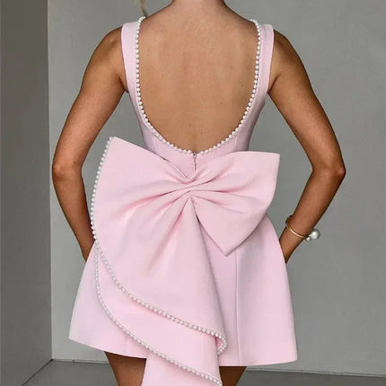 Mozision Pearl Bow Backless Sexy Mini Dress For Women Robe Fashion Zipper Sleeveless High Waist A-line Club Party Dress Elegant