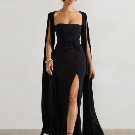 Mozision Long Cape Sleeve Split Maxi Dress For Women Gown Fashion Solid Square Collar Evening Sexy Long Dress Elegant New