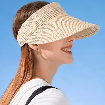 Spring and Summer Women's Outdoor Sunshade  Straw Hat Fashion Empty Top  Duck Tongue Hat Big Brim Cap G37