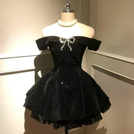 Black French Vintage Elegant Design Woman Dress Gothic Off Shoulder Retro Mini Dress Female Fairy Birthday Party Chic Outfits