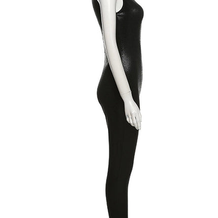 PU Leather Sleeveless Turtleneck Zipper Women Jumpsuit 2022 Casual Street Style Sports Fitness