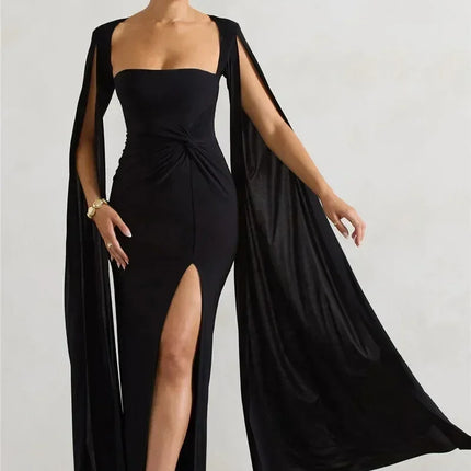Mozision Long Cape Sleeve Split Maxi Dress For Women Gown Fashion Solid Square Collar Evening Sexy Long Dress Elegant New