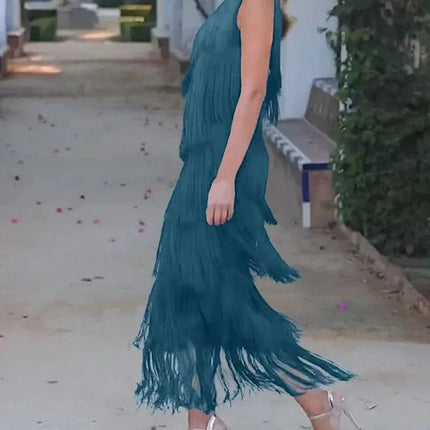 Spring and Summer New Fashion Fringed Slanted Shoulder Asymmetrical Dress for Women