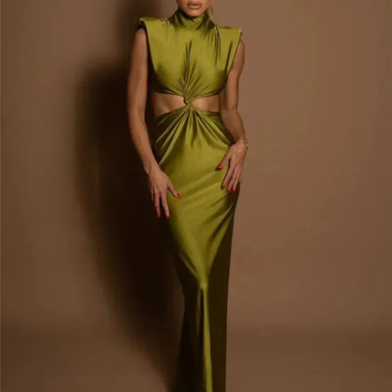Mozision Hollow Out Turtleneck Sexy Maxi Dress For Women Fashion Solid Sleeveless Bodycon Tank Dresses Femme Club Party Dress