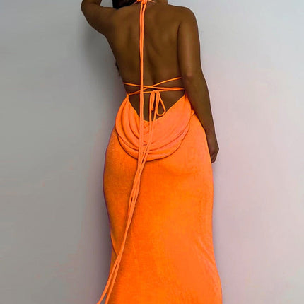 Collar Backless Sleeveless Drawstrings Hollow Out Slit Sexy Maxi Prom Dress