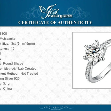 JewelryPalace Moissanite D Color 0.5ct 1ct 1.5ct 2ct 3ct Round S925 Sterling Silver Wedding Engagement Ring for Women