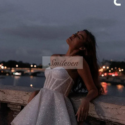 Smileven Short Wedding Dress A Line Sweetheart Neck Shiny Glitter Bride Dresses Mini Sweetheart Neck Vestido de novia Customized