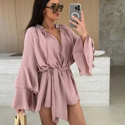 Elegant Fold Dress Women Brown Deep V-neck Long Sleeve Mini Dresses Female 2025 Spring Summer Fashion Loose Lady Vestidos