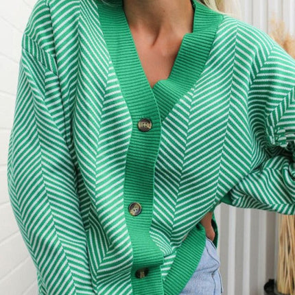 V-neck Striped Cardigans Sweaters Long Sleeve Loose Knitted Open Stitch Outwear