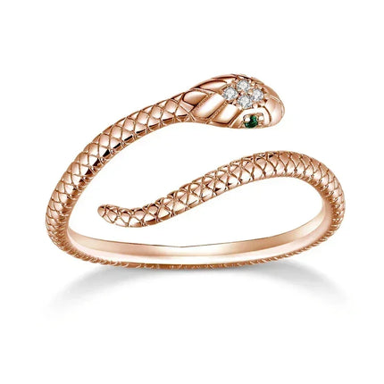 BAMOER 925 Sterling Silver Platinum Plated Adjustable Ring, Green Zircon Retro Textures Snake Ring Fashion Jewelry 4 Colors