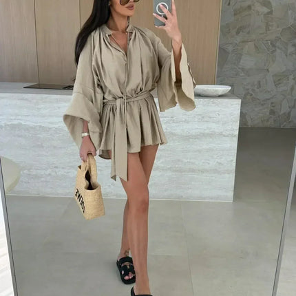 Elegant Fold Dress Women Brown Deep V-neck Long Sleeve Mini Dresses Female 2025 Spring Summer Fashion Loose Lady Vestidos