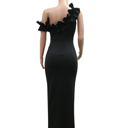 Sexy Night Sleeveless Off Shoulder Wooden Ear Edge Ruffles Bodycon Split Red Midi Dress Women Evening Birthday Party Vestidos