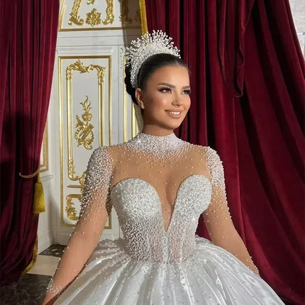 Flavinke Customized Wedding Dresses Long Sleeves High Neck Pearls Bridal Princess Ball Gown Chapel Trian Women vestidos de novia