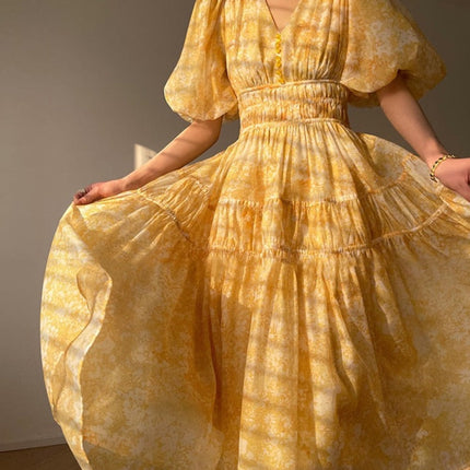 V-neck Elastic Waist Ladies Floral Printed Dress Spring Summer Vintage Puff