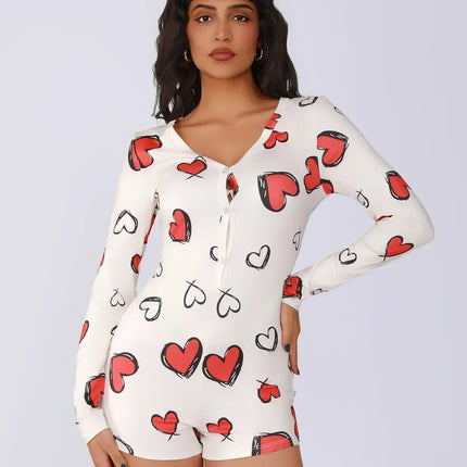 Ladies one-piece bodysuit sexy hot girl pajamas heart digital print short-sleeved set shorts home wear