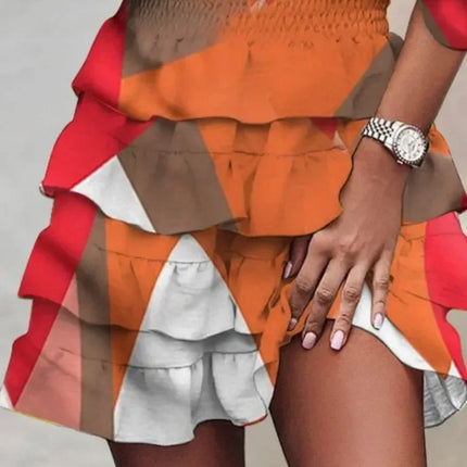 Women Fall V-Neck Loose Batwing Hafl Sleeve Print Dress Fashion Elegant Lace-up Ruffle Beach Mini Dresses Casual Streetwear 2024