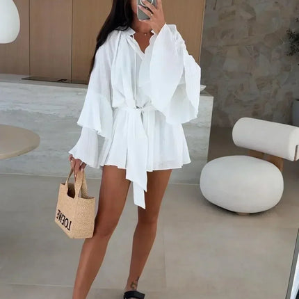 Elegant Fold Dress Women Brown Deep V-neck Long Sleeve Mini Dresses Female 2025 Spring Summer Fashion Loose Lady Vestidos
