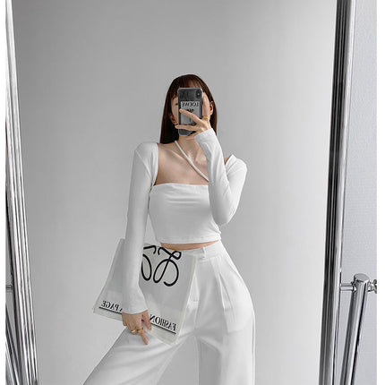 Cropped Tops Women Square Collar Slanted Shoulder Straps Halter Neck Long Sleeve T-shirt