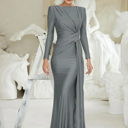 Dulzura Long Sleeves Shoulder Pad Ruched Maxi Dress Solid Elegant Prom Evening Party Long Dress Women’S Autumn Winter Outfit