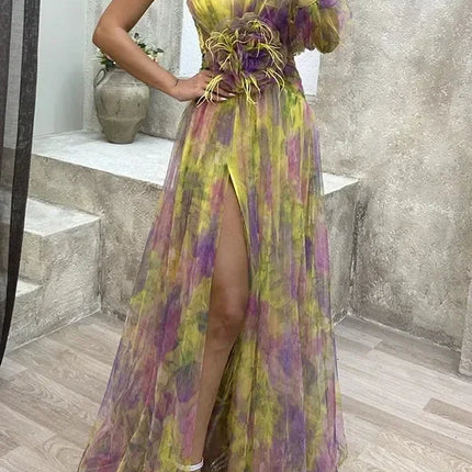 Elegant Oblique Shoulder Single-sleeve  Zipper High Slit Mesh Long Dress For Women Fashion Flower Decoration Party Dress Female