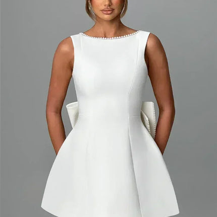 Mozision Pearl Bow Backless Sexy Mini Dress For Women Robe Fashion Zipper Sleeveless High Waist A-line Club Party Dress Elegant