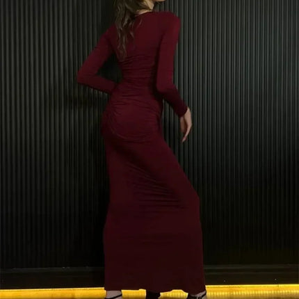 Tossy Female Pleated Sexy Maxi Dress Patchwork Twist Slim Long Sleeve Solid Y2k Autumn Streetwear Dress Women's Bodycon Dress